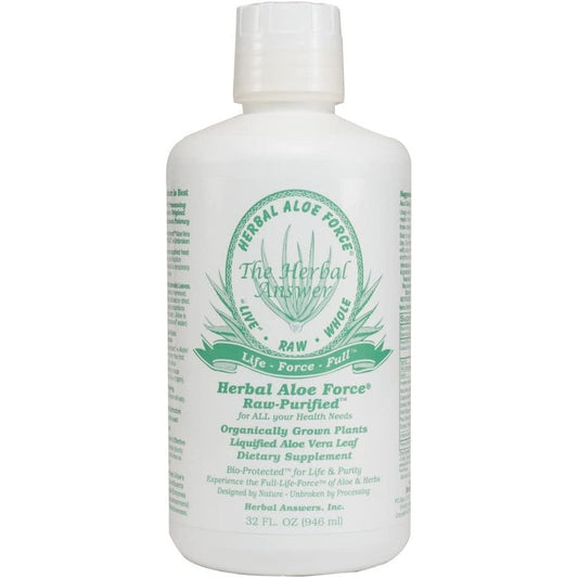 Herbal Answers Aloe Force 32 Fluid Ounce bottle front view showing raw purified dietary supplement label