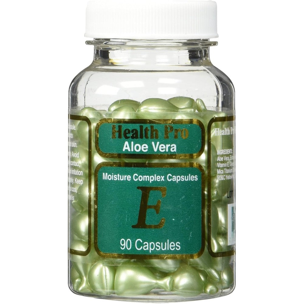 Nu-Health Aloe Vera and Vitamin E Skin Oil Moisture Complex bottle front view showing ninety green capsules.