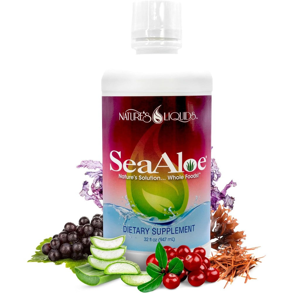 Nature's Liquids SeaAloe whole food liquid multivitamin 32 fluid ounce front view bottle for daily wellness.