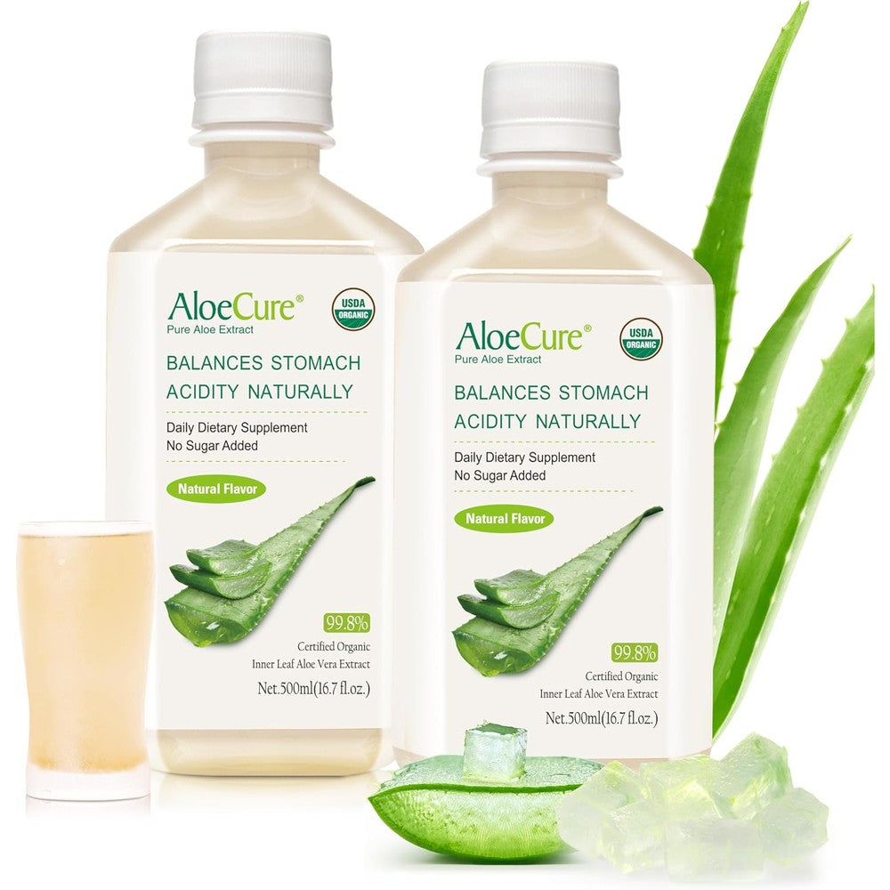 AloeCure USDA Organic Aloe Vera Juice 500 milliliter bottles front view