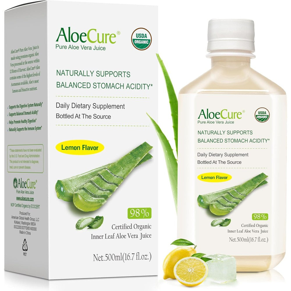 AloeCure USDA Organic Aloe Vera Juice Lemon Flavor bottle front view