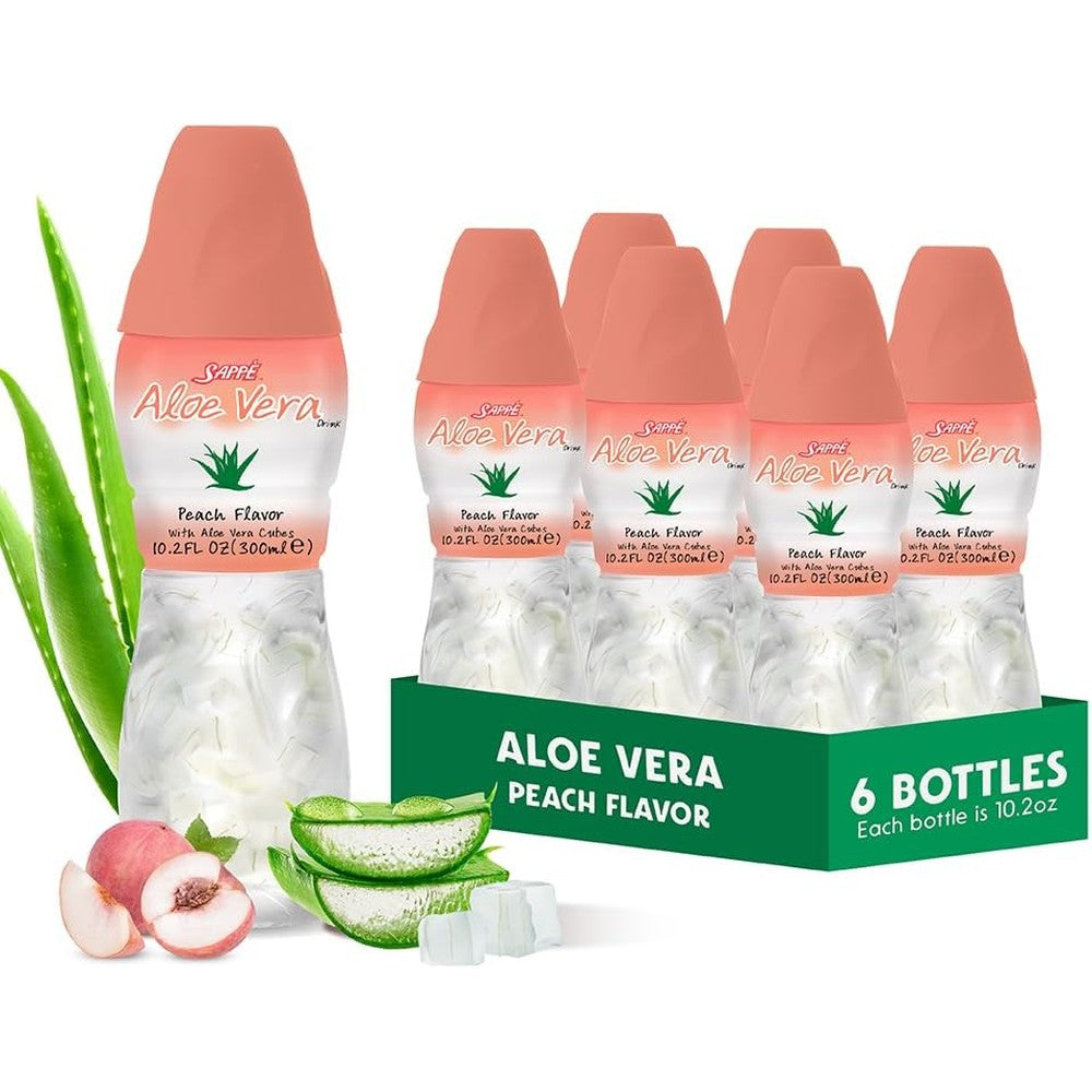 Sappe Aloe Vera Drink Peach flavor 6 pack front view.