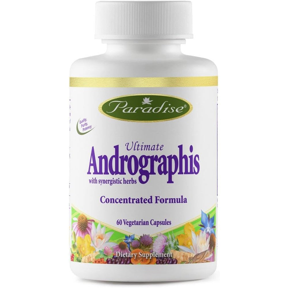Paradise Herbs Ultimate Andrographis 60 vegetarian capsules front view bottle for natural immune support.