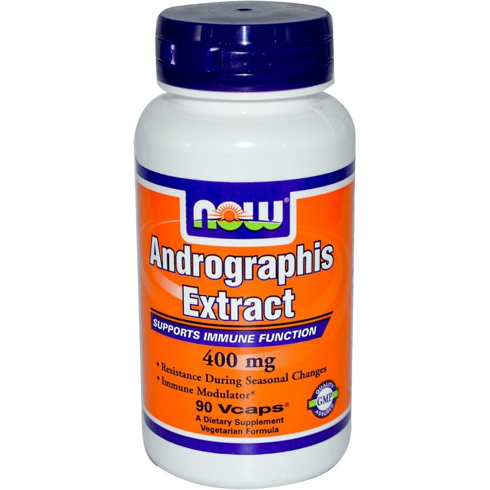 NOW Foods Andrographis Extract 400 milligrams 90 vegetarian capsules bottle front view for immune support supplements
