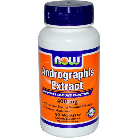 NOW Foods Andrographis Extract 400 milligrams 90 vegetarian capsules bottle front view for immune support supplements
