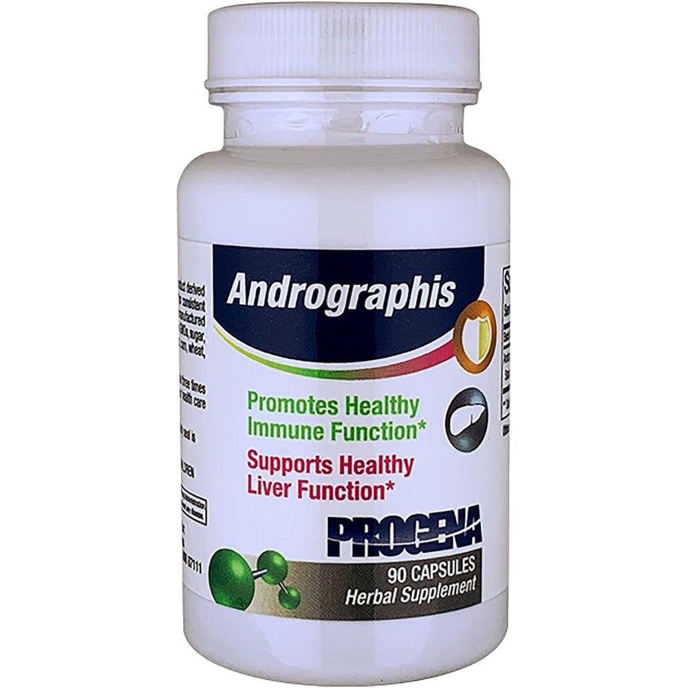Progena Andrographis Immune Support 200mg 90 capsules bottle front view showing product labels and immune health benefits.