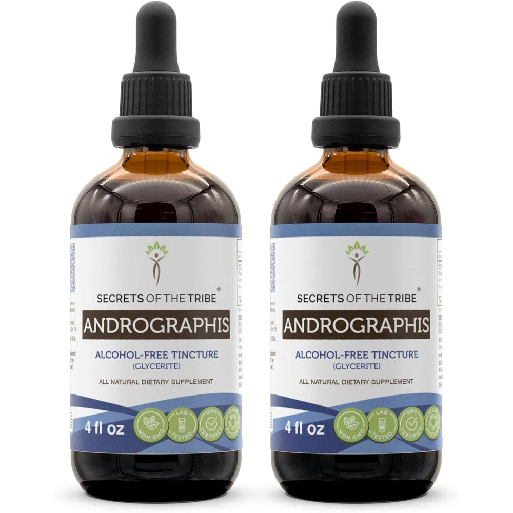Secrets of the Tribe Andrographis alcohol free liquid extract front view bottle for natural immune wellness support.