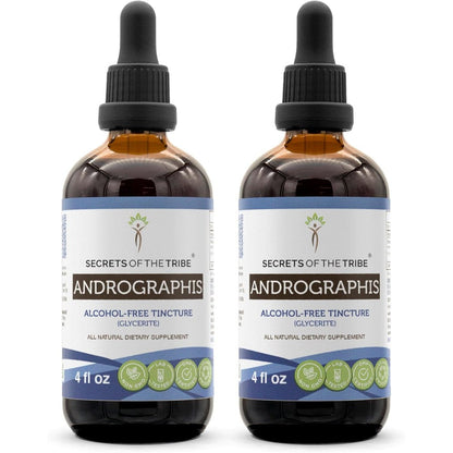 Secrets of the Tribe Andrographis alcohol free liquid extract front view bottle for natural immune wellness support.