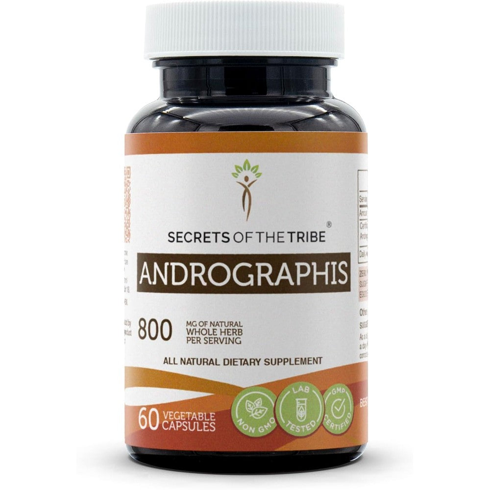 Secrets of the Tribe Andrographis supplement bottle front view demonstrating premium packaging