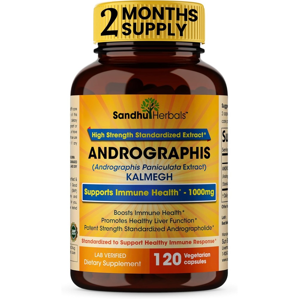 Sandhu Herbals Andrographis Paniculata Kalmegh 120 vegetarian capsules bottle front view