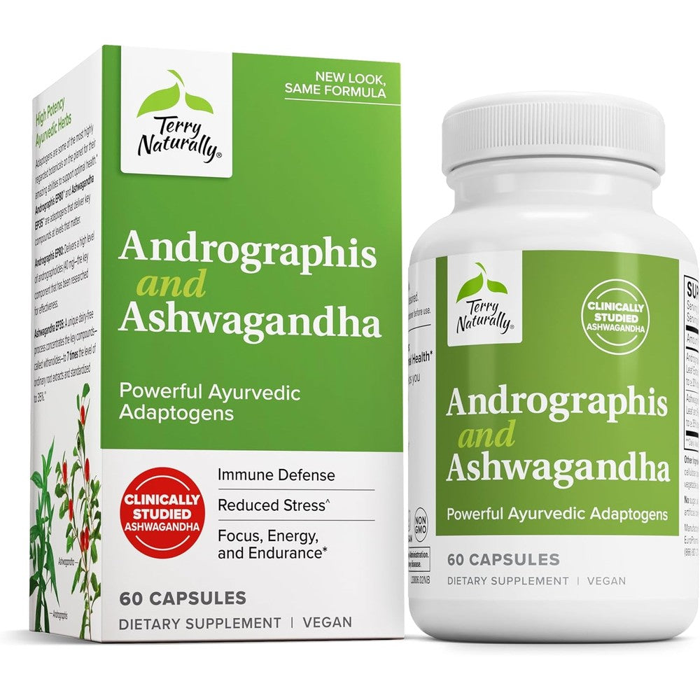 Terry Naturally Andrographis and Ashwagandha 60 capsules front bottle view for immune system support.