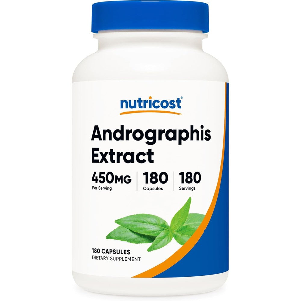Nutricost Andrographis Extract 450mg front view bottle containing 180 vegetarian capsules for immune support.