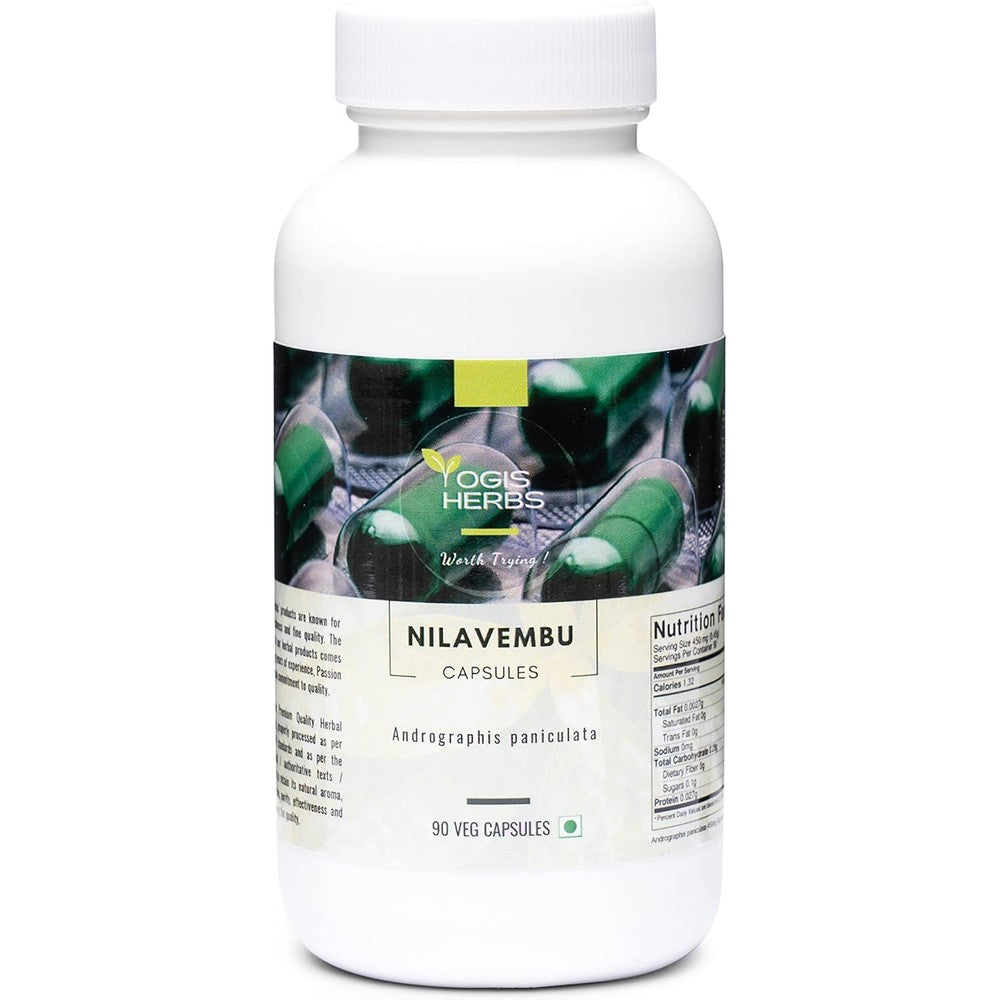 Yogis Herbs Nilavembu Andrographis Paniculata 90 Veg Capsules front view bottle for natural immune support.