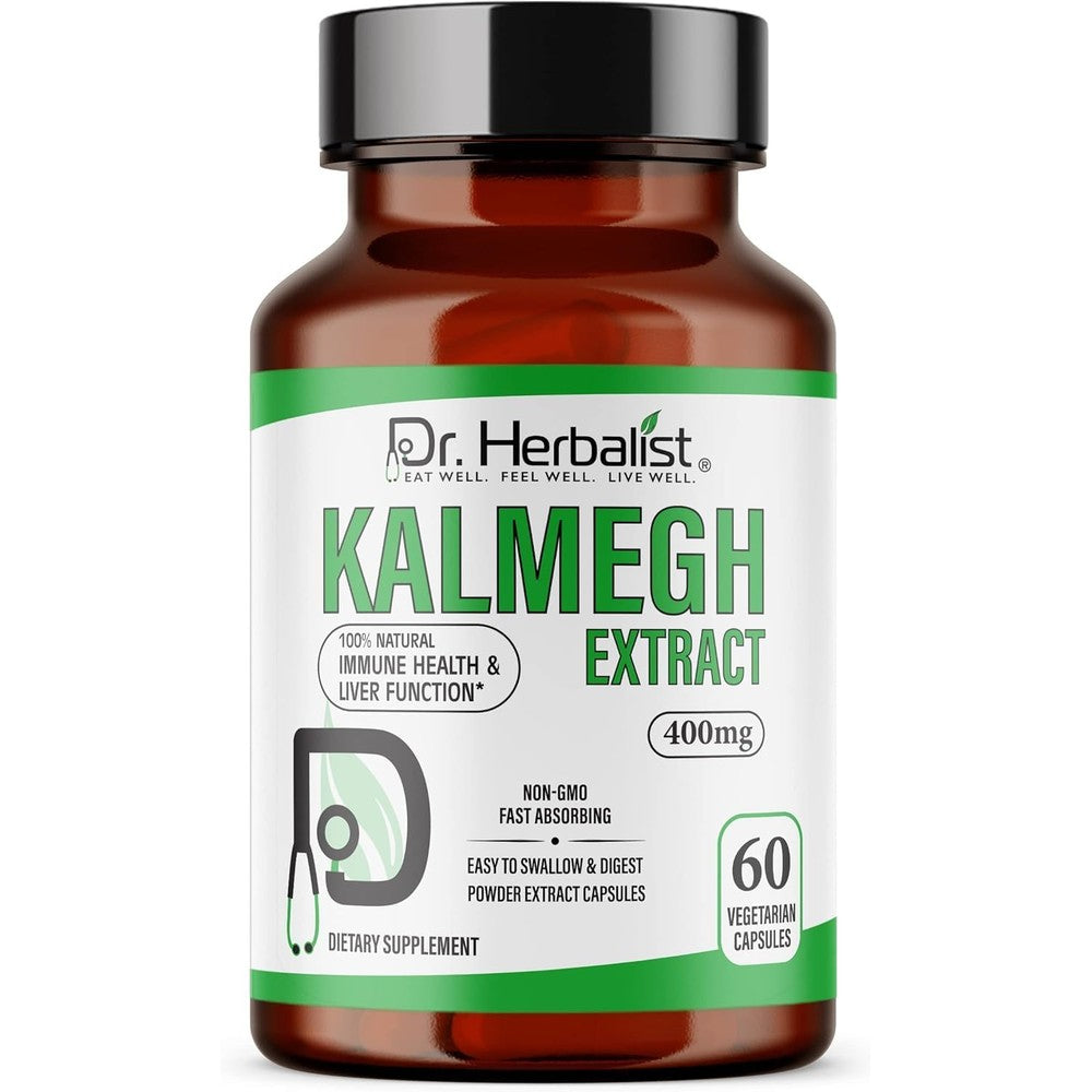 Dr. Herbalist Kalmegh Extract Premium Herbal supplement bottle front view showcasing immune support benefits.