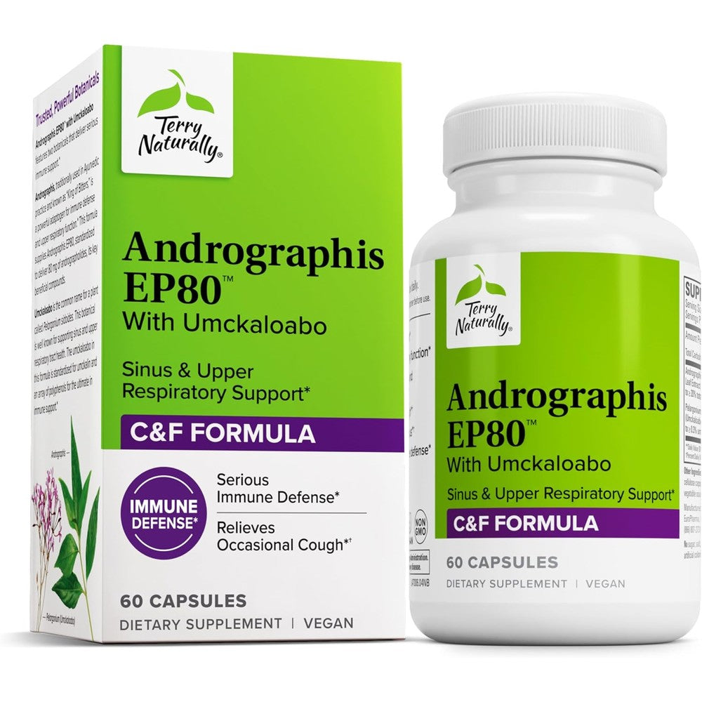 Terry Naturally Andrographis EP80 with Umckaloabo 60 capsules front view for sinus health support.