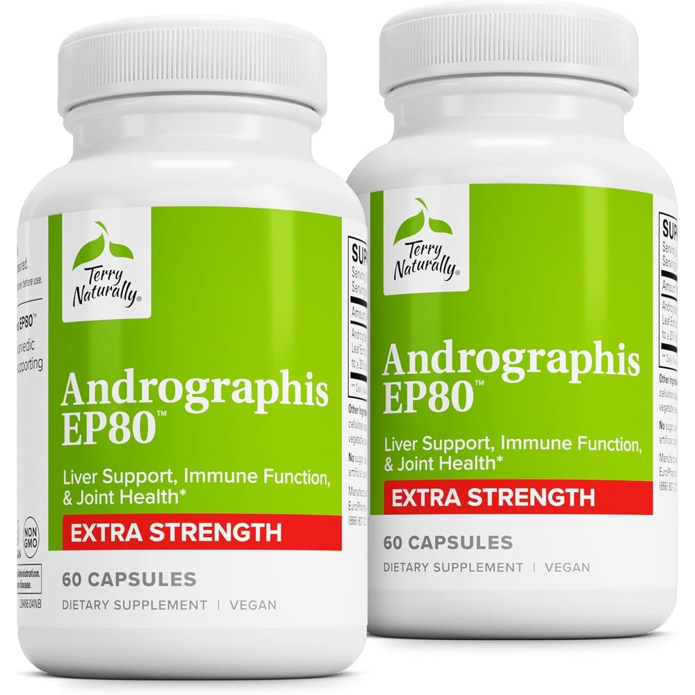 Terry Naturally Andrographis EP80 Extra Strength front view of two supplement bottles