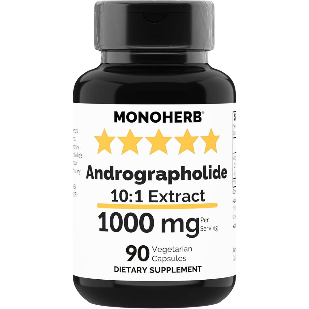 Monoherb Sandhuherbals Andrographolide Extract 1000mg front bottle label showing immune support benefits.