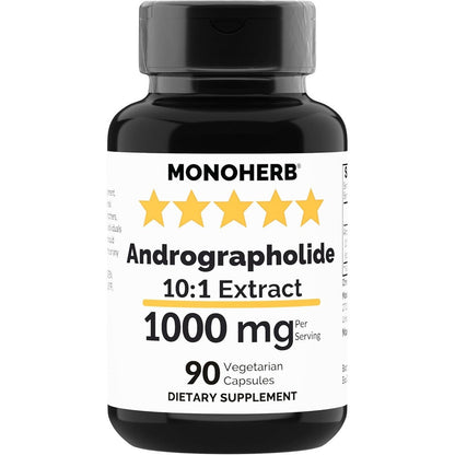 Monoherb Sandhuherbals Andrographolide Extract 1000mg front bottle label showing immune support benefits.