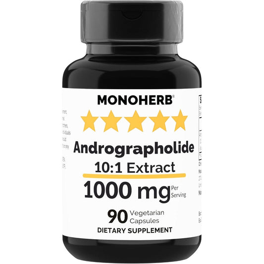 Monoherb Sandhuherbals Andrographolide Extract 1000mg front bottle label showing immune support benefits.