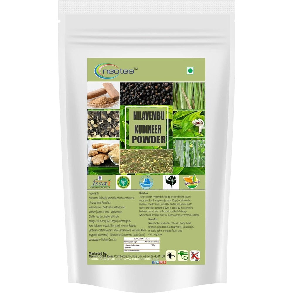 Neotea Kalmegh Powder packaging front view showing pure herbal supplement details.