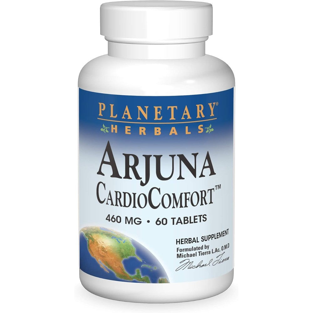 Planetary Herbals Arjuna Cardio Comfort 60 tablets bottle front view showing cardiovascular support label.
