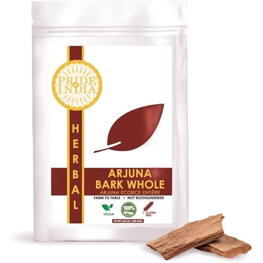 Pride Of India Natural Arjuna Bark Whole 100 Gram front view packaging for heart health.
