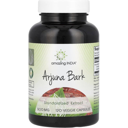 Amazing India Arjuna Bark Extract 500mg front view of the white supplement bottle with 120 vegetarian capsules for heart health.