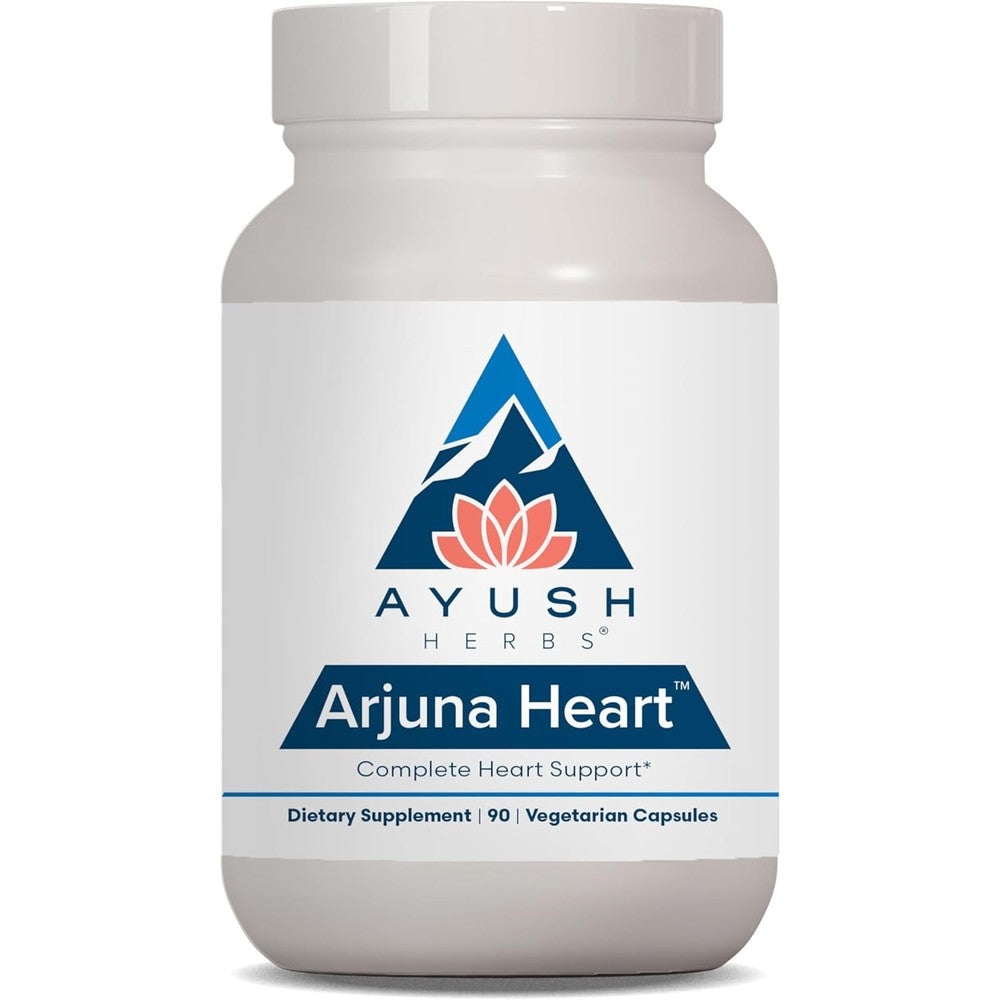 Ayush Herbs Arjuna Heart supplement bottle front view showcasing cardiovascular health benefits.