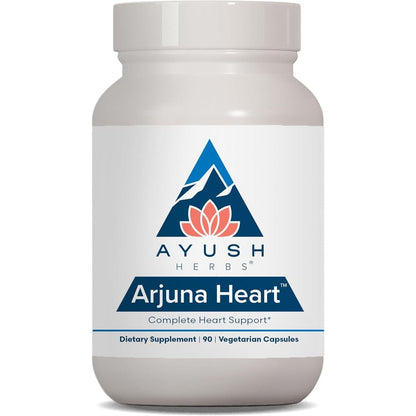 Ayush Herbs Arjuna Heart supplement bottle front view showcasing cardiovascular health benefits.