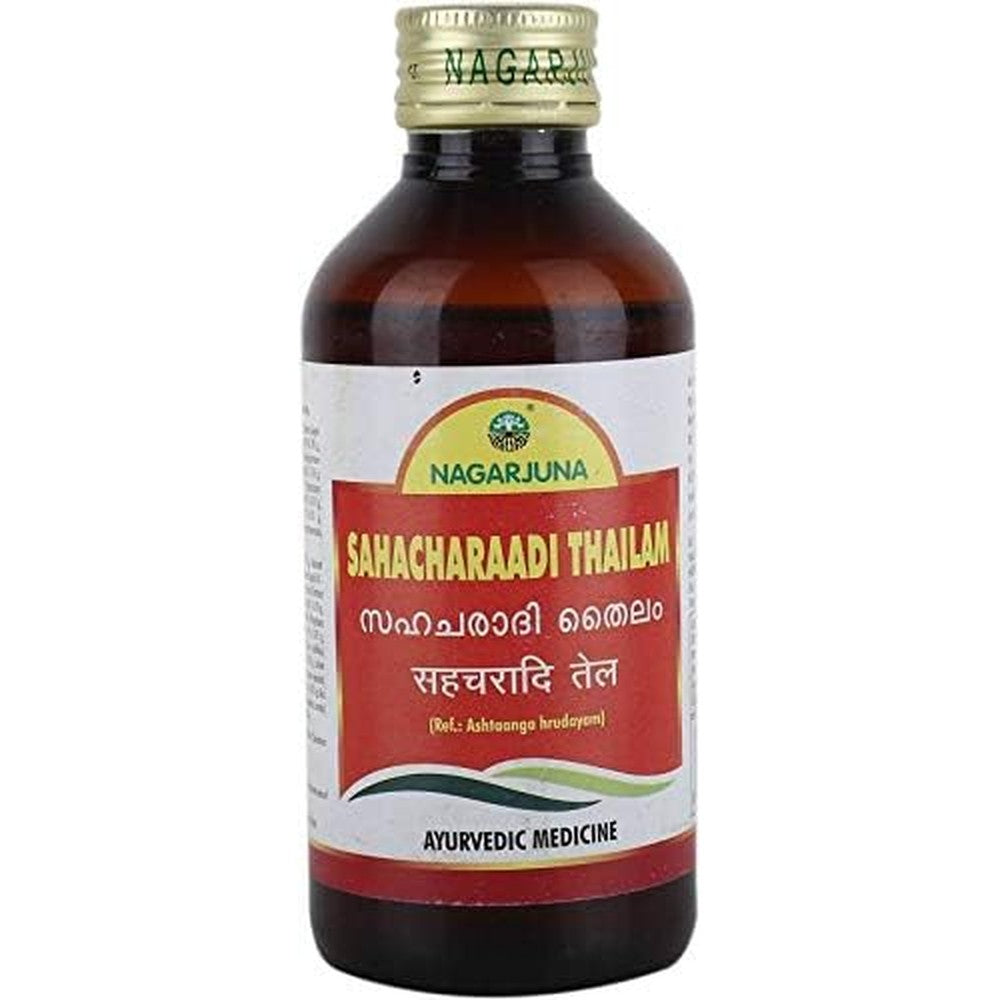 Ayupra Wellness Nagarjuna Sahacharaadi Thailam 200ml front view bottle for joint and muscle pain relief.