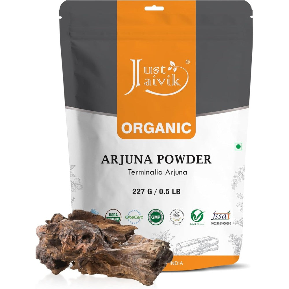 Just Jaivik Organic Arjuna Bark Powder front view showing the resealable pouch packaging.