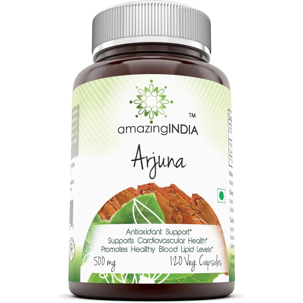 Amazing India Arjuna Bark 500mg supplement front view showing the 120 vegetarian capsules bottle.
