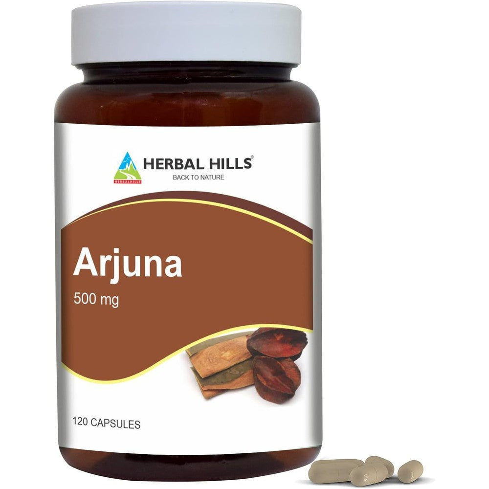 Herbal Hills Arjuna Capsules front view bottle showing 120 count heart health supplement.
