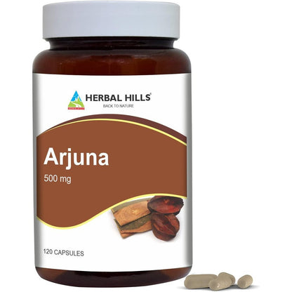 Herbal Hills Arjuna Capsules front view bottle showing 120 count heart health supplement.