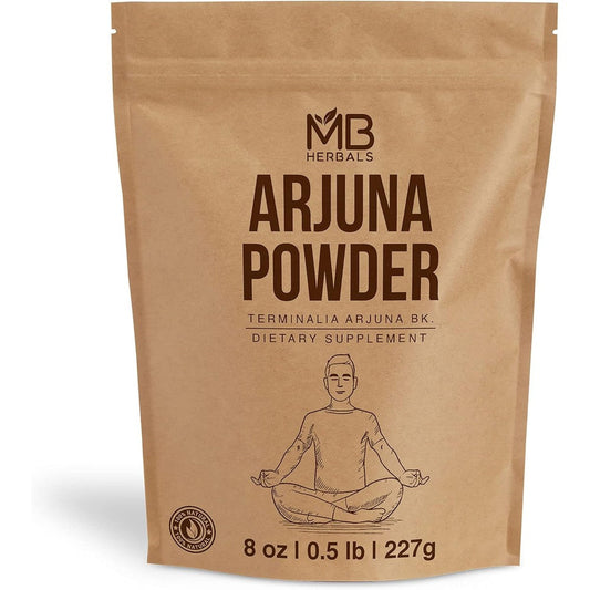MB Herbals Arjuna Powder eight ounces front view packaging showing wildcrafted terminalia arjuna bark powder formula.