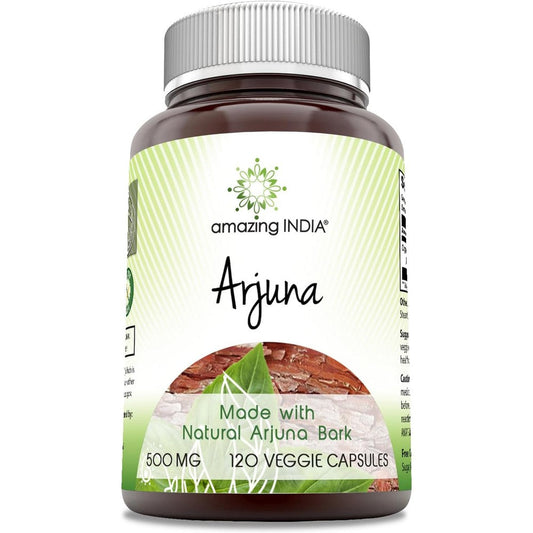 Amazing India Arjuna 500mg supplement 120 vegetarian capsules front view bottle for cardiovascular health support.