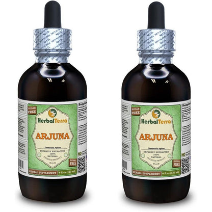 Herbal Terra Arjuna Glycerite liquid extract twin pack front view showing the organic dried bark supplement bottle.