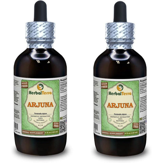 Herbal Terra Arjuna Glycerite liquid extract twin pack front view showing the organic dried bark supplement bottle.