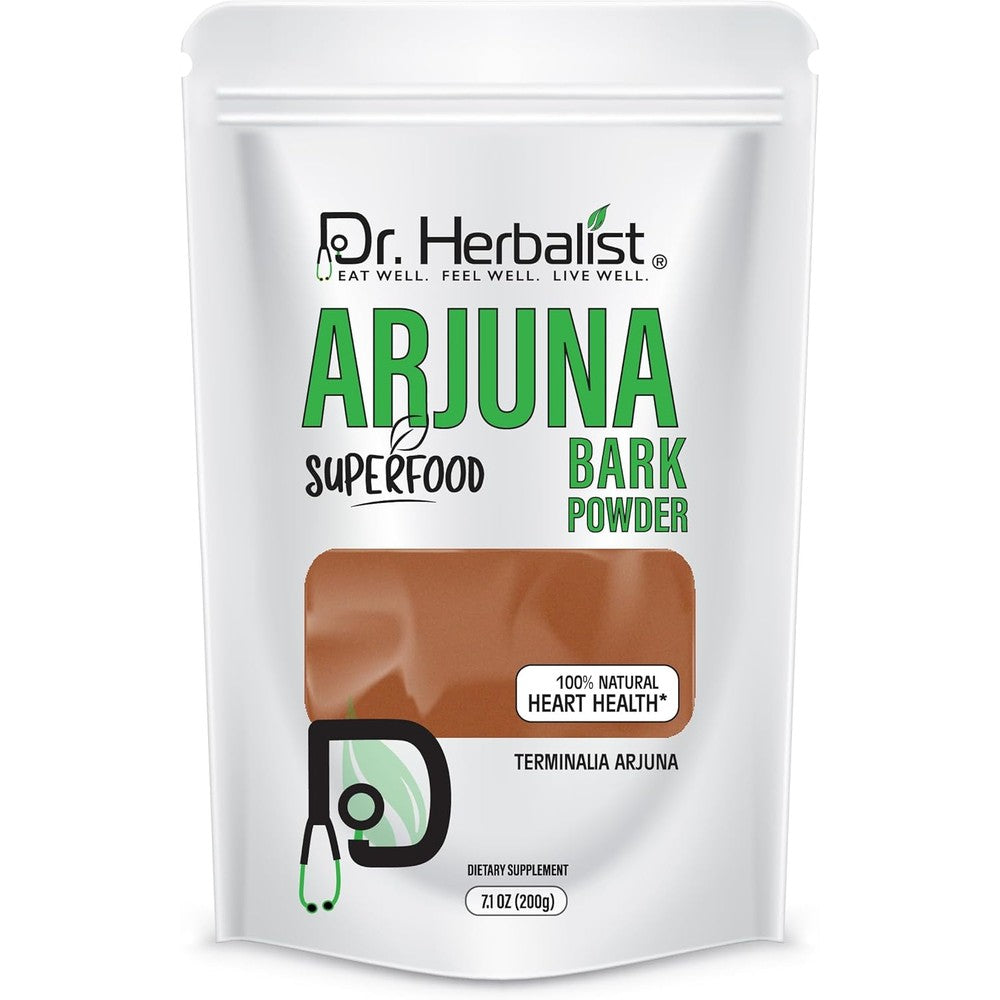 Dr. Herbalist Arjuna Powder front view of the resealable pouch for cardiovascular wellness.