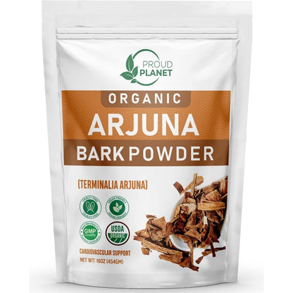 ProudPlanet Organic Arjuna Bark Powder front packaging view for cardiovascular support.