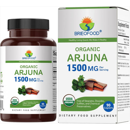 Brieofood Organic Arjuna 1500mg 90 tablets front bottle view for heart support