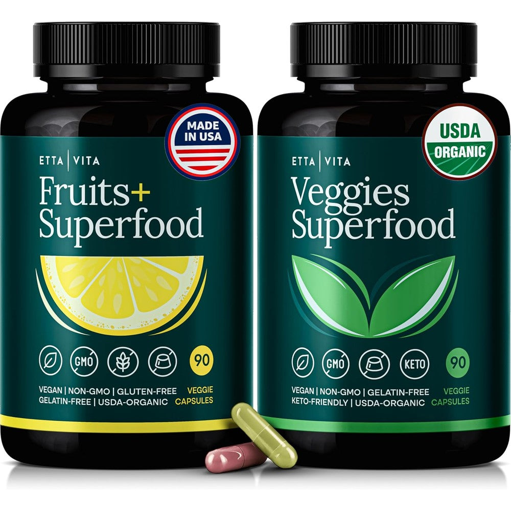 Etta Vita Organic Potent Fruits and Veggies Supplement front view bottle set for daily whole food nutrition