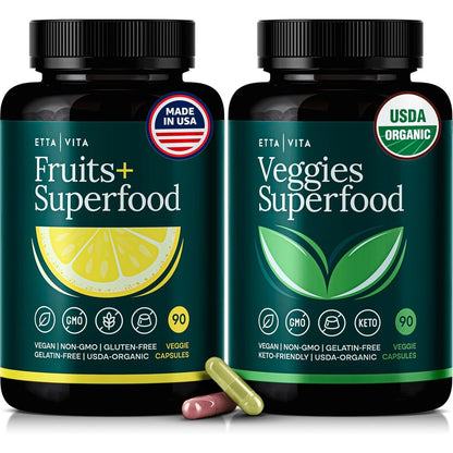 Etta Vita Organic Potent Fruits and Veggies Supplement front view bottle set for daily whole food nutrition