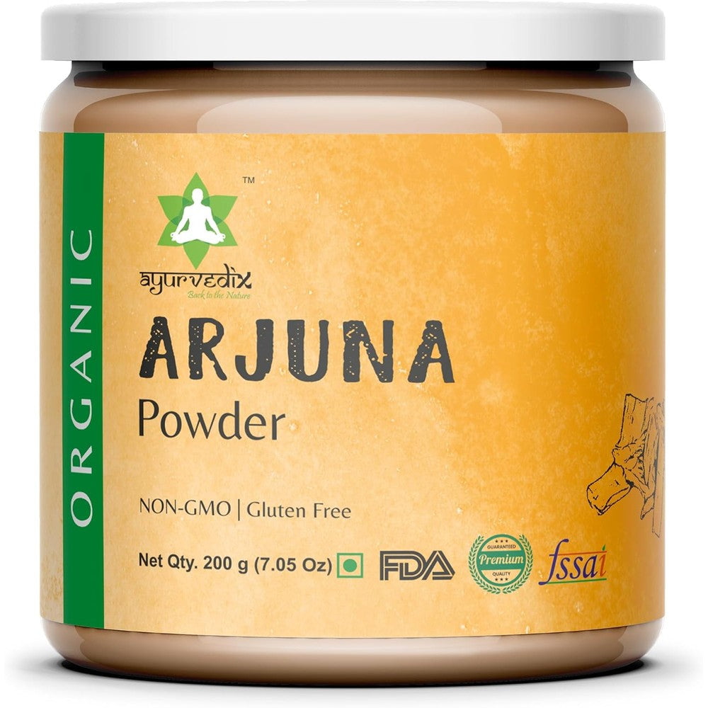 Ayurvedix Organic Arjuna Bark Powder front view bottle for heart wellness.