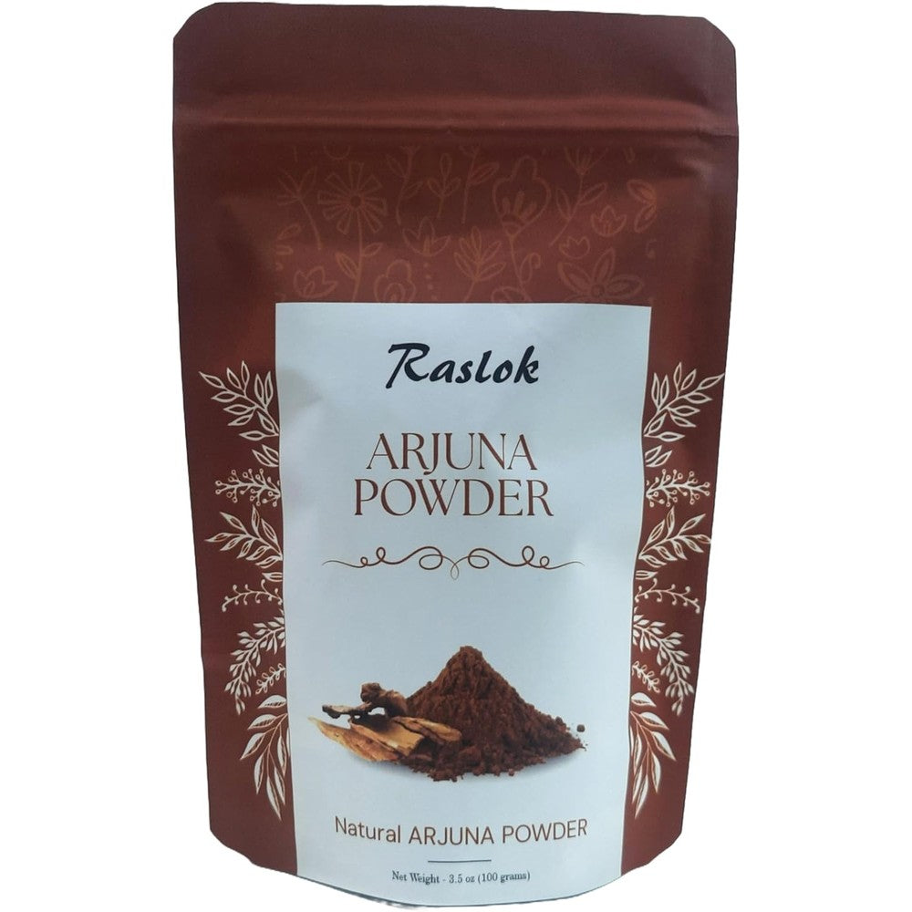 Raslok Natural Arjuna Powder 3.52 Ounces packaging front view showing authentic imported Ayurvedic supplement details.