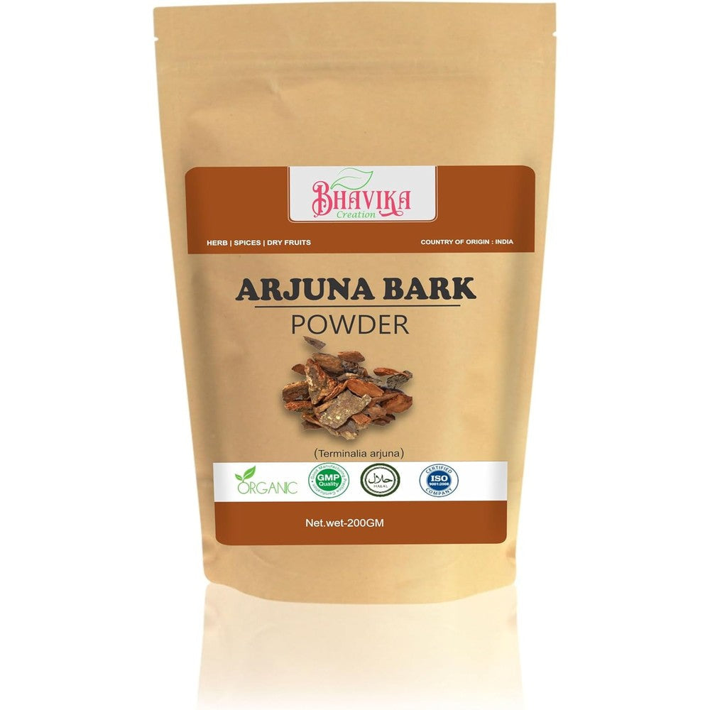 Bhavika Creation Organic Arjuna Bark Powder 200g front view packaging for cardiovascular health.