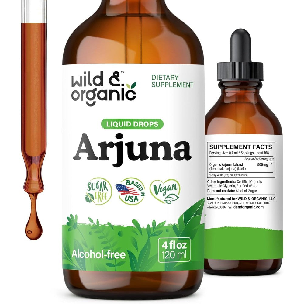 Wild and Organic Arjuna Bark Extract Tincture bottle front view for premium cardiovascular support.