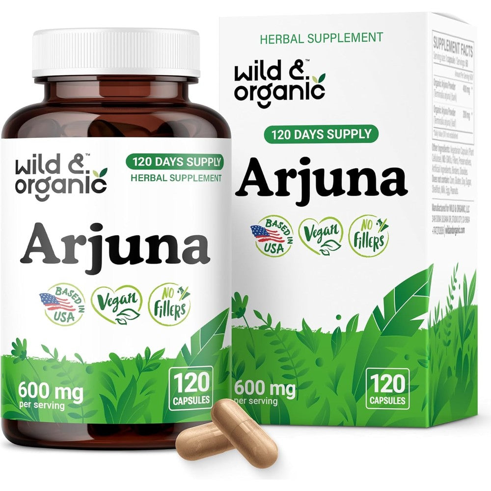 Wild Organic Arjuna Bark and Leaf Extract 120 capsules front view bottle for cardiovascular support.