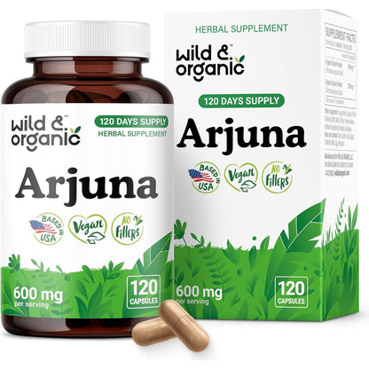 Wild Organic Arjuna Bark and Leaf Extract 120 capsules front view bottle for cardiovascular support.