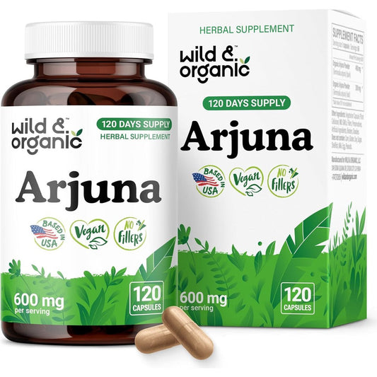 Wild Organic Arjuna Bark and Leaf Extract 120 capsules front view bottle for cardiovascular support.